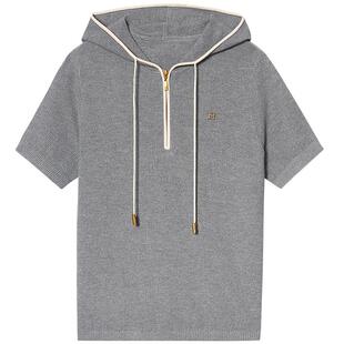 诗篇专选连帽撞线短袖T恤女弹力运动透气针织衫2025夏季新款