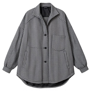 黑色美式复古格子棉服女冬季新款宽松慵懒风加厚保暖夹棉外套上衣