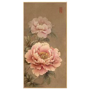 新中式牡丹花玄关装饰画贴画竖版走廊墙面贴画入户贴画自粘遮丑画