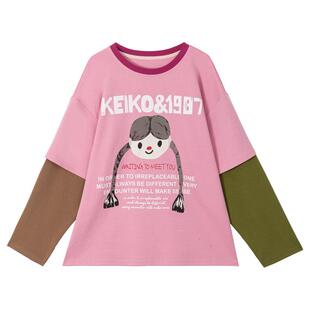 KEIKO 甜系印花三色拼假两件卫衣26春季美式复古宽松撞色上衣t恤