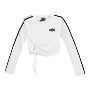 CBXLAB街舞潮牌白色kpop抽褶撞色抽绳长袖下摆镂空修身爵士上衣女