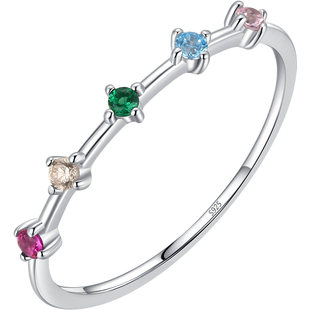 摩典日韩简约S925纯银镶嵌彩色锆石戒指女精致小巧百搭新款细戒子