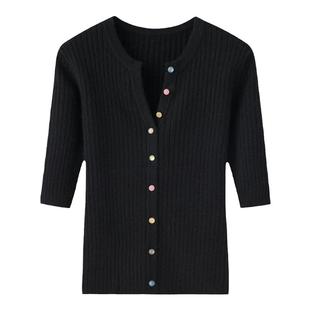 阿绒源官方旗舰店 羊绒衫女100纯羊绒短袖开衫内蒙古发货修身抽条