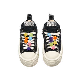 FORESHADOW黑色厚底粗花呢板鞋休闲增高小个子女秋季低帮帆布鞋子