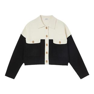 SANDRO Outlets秋冬女装法式时尚黑白撞色圆领短款长袖针织开衫