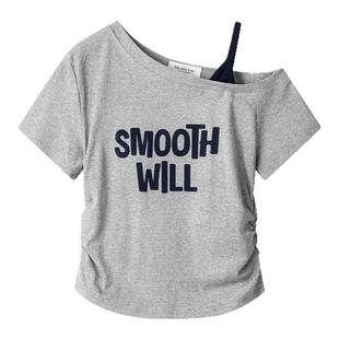 女中大童灰色字母印花收腰褶皱短袖t恤夏新款斜肩吊带高级感上衣