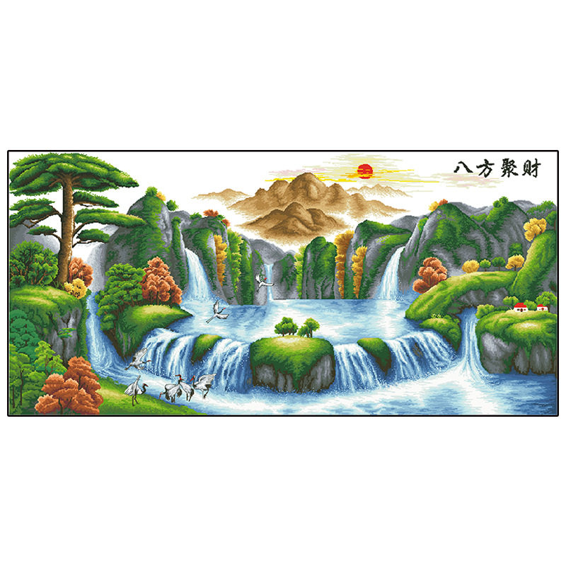 流水生财迎客松八方聚财大格自绣