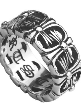 朋克风十字花纹潮牌介子钛钢戒指