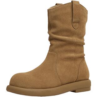 天美意复古西部靴加绒堆堆靴女鞋厚底休闲短靴冬新款KXZ08DD4