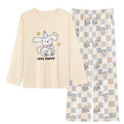 纯棉春秋女甜美宽松加大睡衣套装