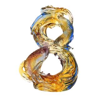 琉璃锦鲤摆件玻璃水晶工艺品好运双鱼办公室装饰定制刻字乔迁礼物