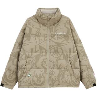 杰克琼斯男装NBA联名雄鹿队秋冬字母刺绣宽松保暖篮球羽绒服外套