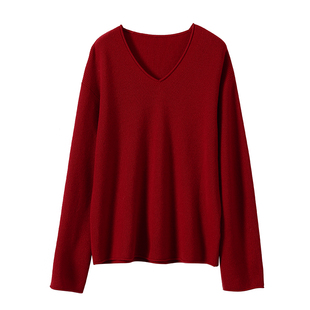 淘么淘 新岁「正当红」绵羊毛软糯亲肤宽松卷边V领长袖针织衫新款