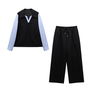 微胖的喵喵大码女装胖mm春装一整套穿搭巨显瘦上衣阔腿裤套装3099