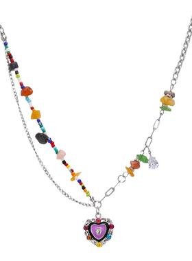 七彩石爱心滴釉项链女夏季2023年新款小众配饰网红甜酷辣妹锁骨链