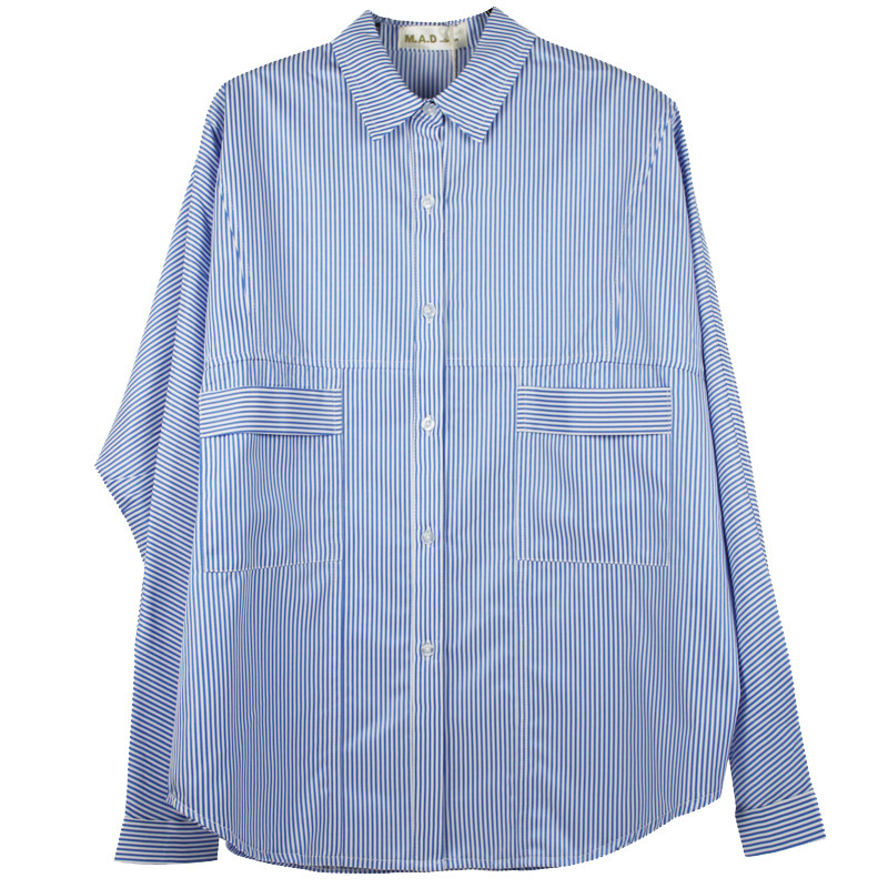 原创设计小众竖条纹蓝白薄款衬衫女学院风宽松显瘦百搭条纹上衣