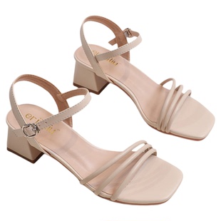 羊皮版~棕色高跟凉鞋女夏新款粗跟中跟仙女风百搭配裙子一字扣带