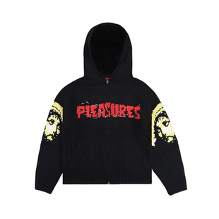PLEASURES  创意袖管人像提花连帽针织衫男女同款30%羊毛开衫毛衣
