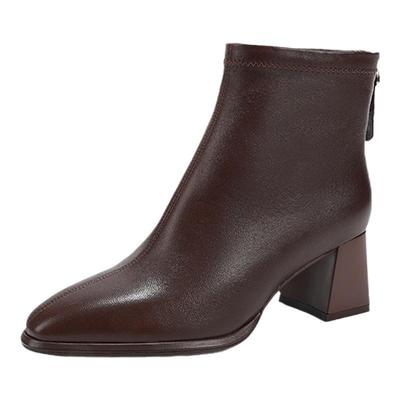 复古咖色通勤粗跟真皮时装靴