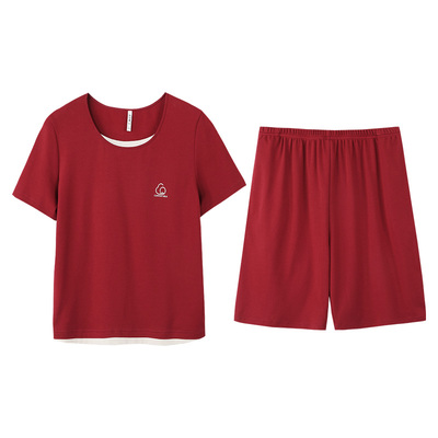 本命年红色短袖睡衣女夏薄款纯棉