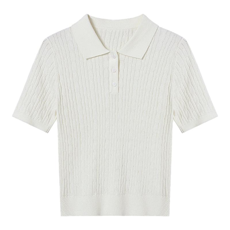 Basic House百家好灰色绞花polo领针织衫短袖修身正肩上衣女夏季