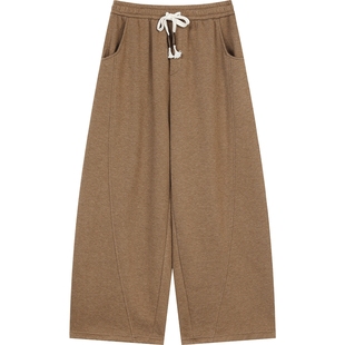 妖精的口袋复古咖棕色加绒卫裤女2025年冬季新款运动休闲加厚裤子