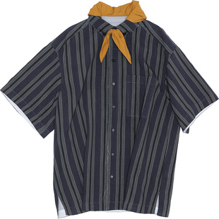 fafamoon设计师品牌 2025夏季新品丝巾短袖衬衫条纹印花衬衣女