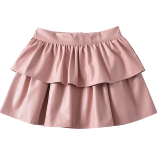 棉洋 复古高腰pu双层花苞短裙 美式甜妹长腿a字皮裙防走光皮短裙