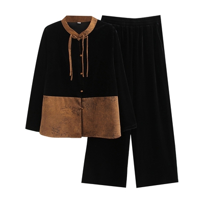 妈妈秋装金丝绒套装中式盘扣上衣