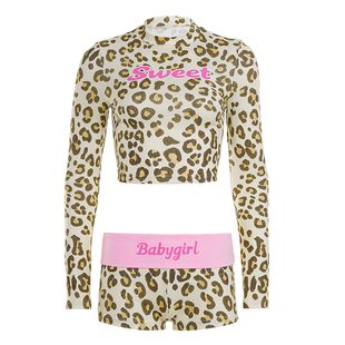 DARLINGAGA美式辣妹字母印花豹纹休闲运动套装女长袖T恤+高腰短裤