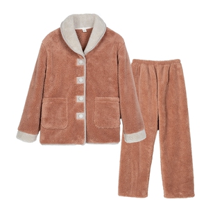 2025秋冬季新款青果领贴布扣茶色女简约保暖翻领加绒外穿睡衣套装