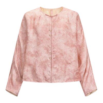 莨西子新中式轻国风粉色桑蚕丝外套女短款2026春款复古减龄上衣