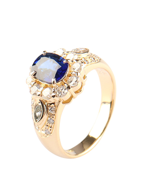 中古95新日本进口商品椭圆形切工蓝宝石钻石K18黄金52号戒指