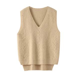 秋季新款100纯羊毛针织马甲背心女V领宽松前短后长无袖毛衣打底衫