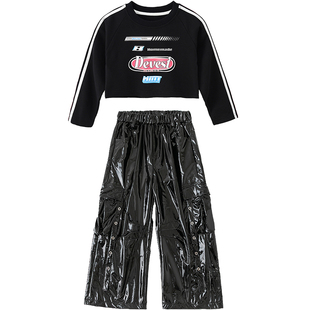 爵士舞服装女童露脐长袖上衣练功服裤子套装女孩少儿时髦表演出服