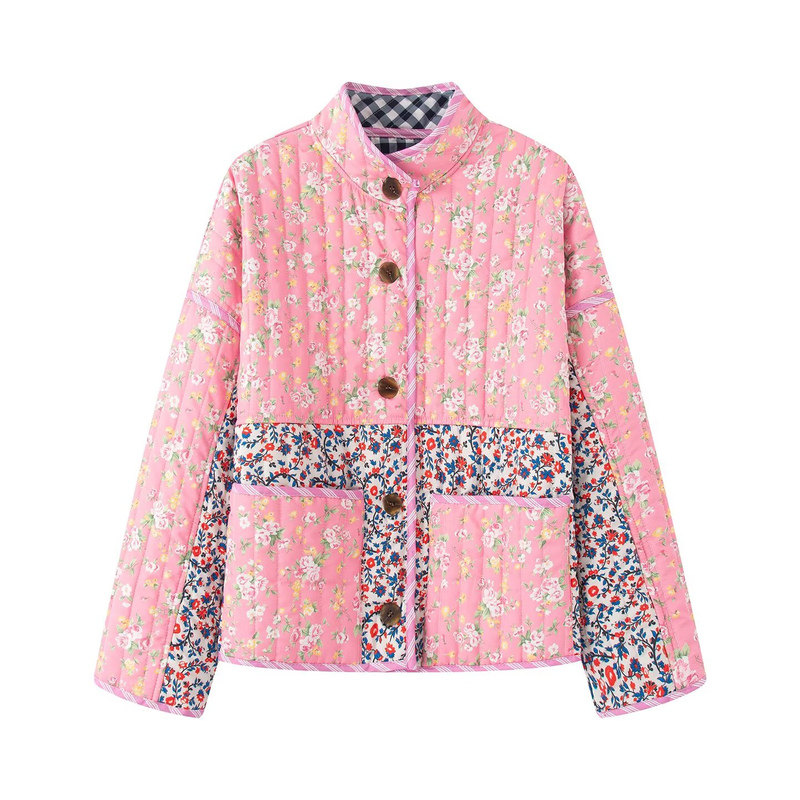 立领双面穿复古格子碎花棉服外套