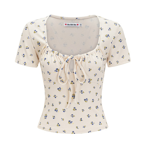 Go Girl Go自制欧美风性感大U领碎花绑带短袖女夏高腰正肩T恤上衣
