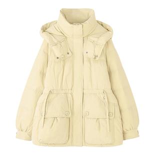 mc2淡黄色短款连帽羽绒服女2025冬季新款抽绳半收腰插袋显瘦百搭