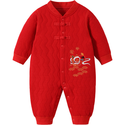 3夹棉衣服新生儿连体衣红色中式3