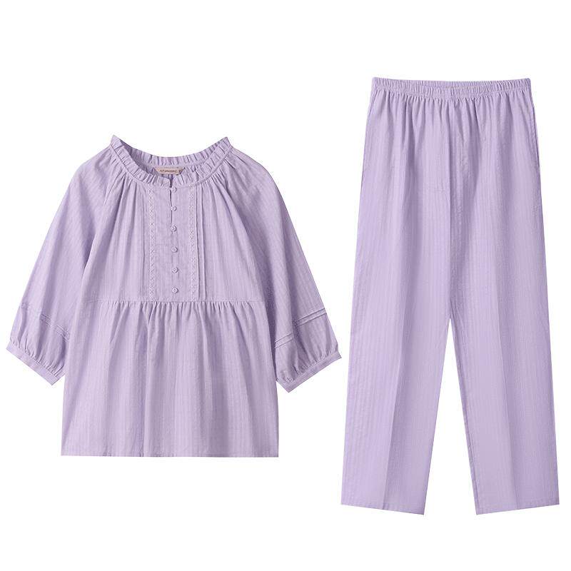秋鹿纯色梭织棉提花睡衣女2026新款七分袖长裤家居服夏季女款套装