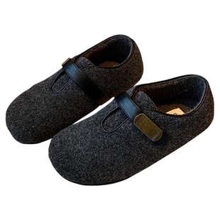 【TFM】毛呢复古勃肯鞋女魔术贴百搭舒适平底加绒休闲单鞋棉鞋子