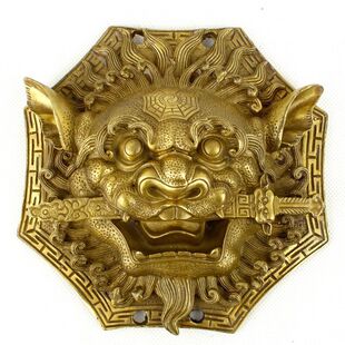 铜器睚眦铜狮咬剑铜牌八角狮铜狮子头挂牌饰品
