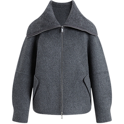 KBNE灰色大翻领羊毛双面呢大衣女装2025冬季新款灰色短款呢子外套