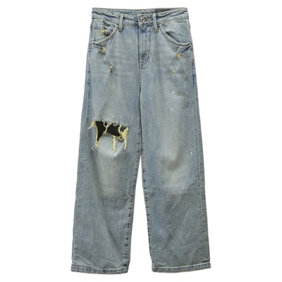 女士高腰牛仔直筒裤破洞阔腿裤