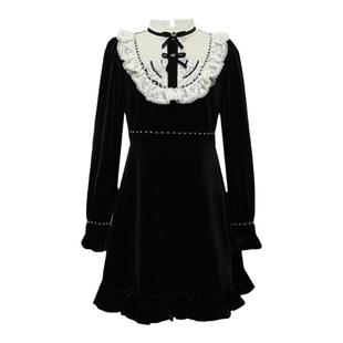 LULUALWAYS我爱露露冬季新款经典黑白撞色重工花边拼接连衣裙女