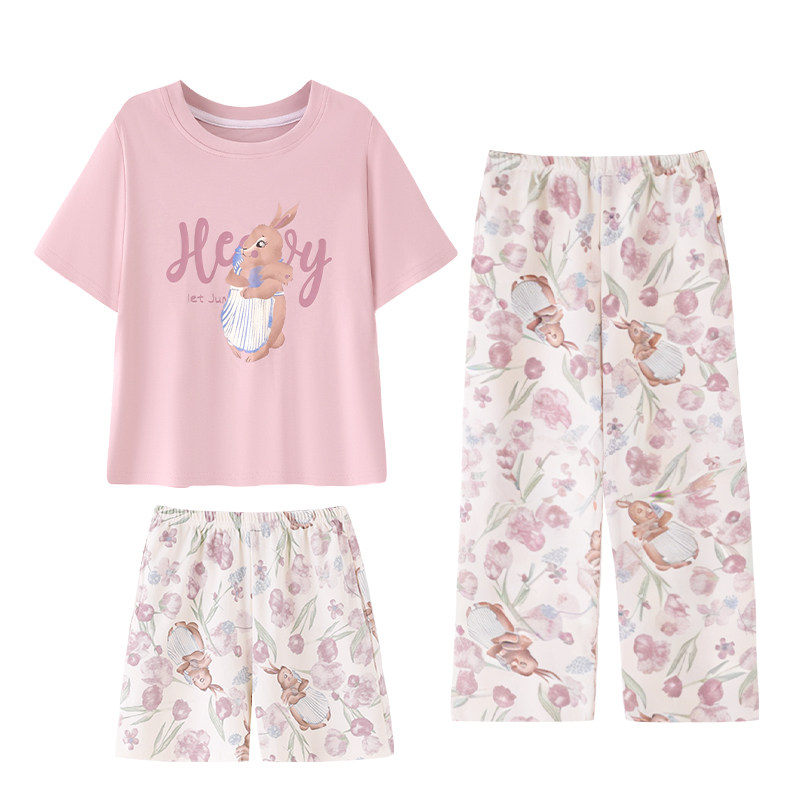 夏季女童短袖长裤纯棉兔子家居服