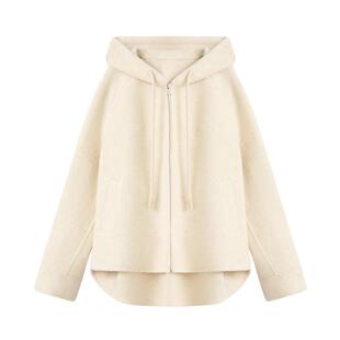 紫涵短款羊毛双面呢大衣女2025冬季新款简约连帽抽绳宽松拉链外套