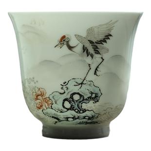 观复手绘粉彩松鹤瑞鹤对杯景德镇陶瓷手工薄胎高档品茗杯主人杯