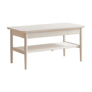 源氏木语加兰实木岩板茶几简约奶油风白色双层茶桌高款吃饭桌子