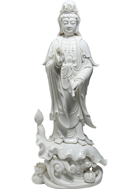 微美陶瓷立荷三莲白瓷观音像观世音菩萨家用供奉佛堂佛像摆件